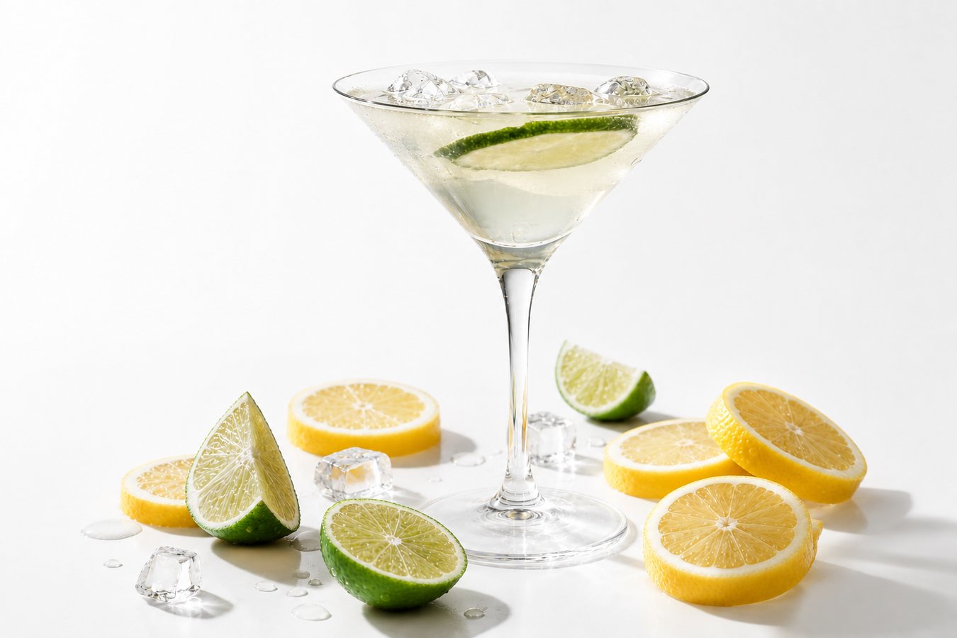 Packshot photo produit — cocktail au citron et citron vert sur fond blanc, studio Leizart Paris