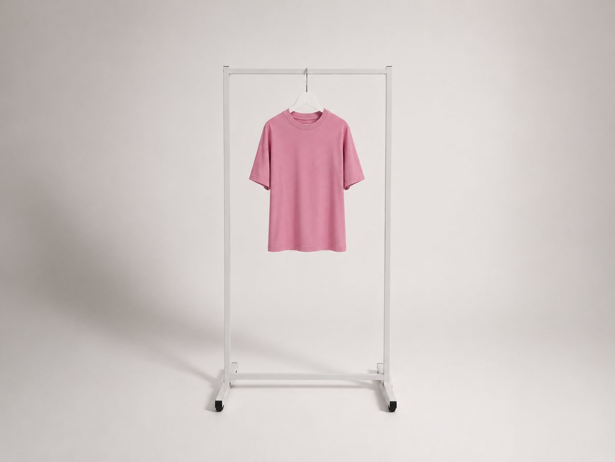 Packshot photo produit — t-shirt rose sur portant, fond neutre, studio Leizart Paris
